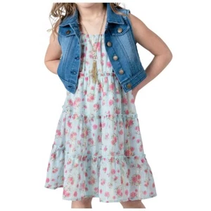 Rare Editions Girls Size 6 Blue Chiffon Floral Dress w/ Gold Detailing NWT - Picture 1 of 6