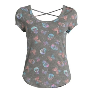 No Boundaries Juniors' Butterfly & Skull Graphics Short Sleeve Strappy Scoop Tee - Picture 1 of 6