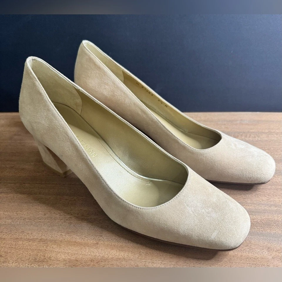 Stuart Weitzman MaryMid Suede Pump Block Heel Summer in Bisque Leather Shoes - Image 1 of 4