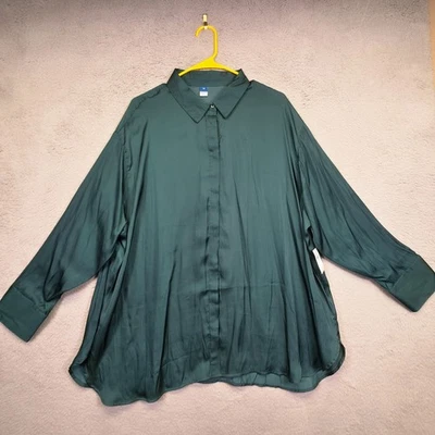 Old Navy Blouse Womens 2X Green Loose Satin Flowy Oversized Preppy Office Shirt - Image 1 of 4