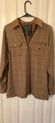 Cárdigan Camisa Lana Lauren Ralph Lauren Cuadros Tostado/Marrón/Rojo Cremallera Frontal Talla M  Foto 1 de 4