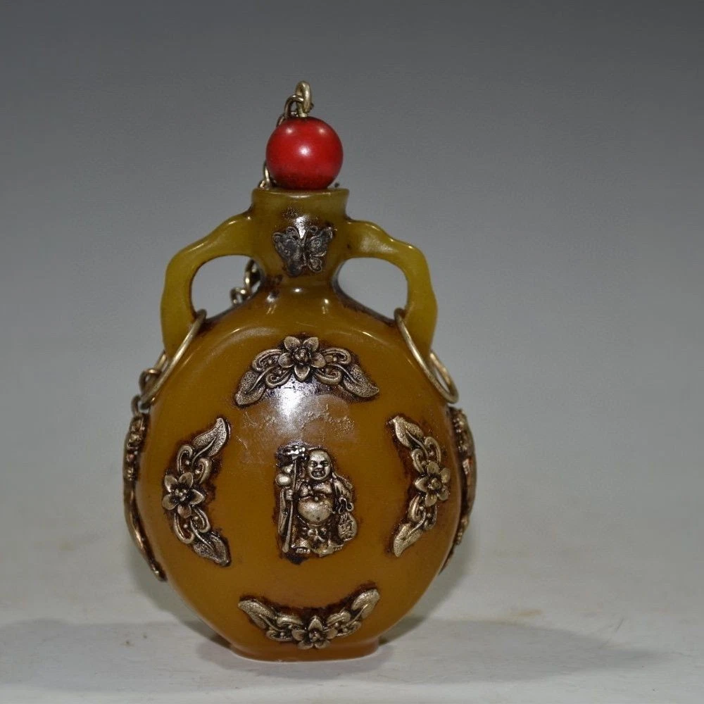 天然琥珀製鼻煙壺 雕刻 アンティーク 置物 天然琥珀製鼻煙壺 雕刻