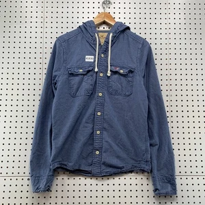 VTG Y2K Hollister Denim Hooded Button Shirt Mens Medium Blue Long Sleeve 20x26.5 - Picture 1 of 13