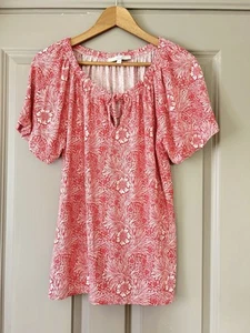 Next x Morris & Co. Top Size 14 Red & White Floral Short Sleeve Stretch Jersey - Picture 1 of 5