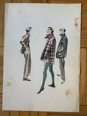 Original Rare Vintage Fashion Illustration Vogue Early 1950's Ink Paper OOAK - Image 1 of 4