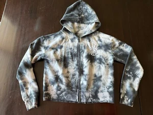 EUC Girls JUSTICE Tie Dye Black White Hoodie Sweatshirt Sz 12 Full Zip Peace - Picture 1 of 4