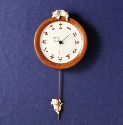 Japanese Pair Lucky Cat Manekineko Pendulum Wall Clock Pottery Seto Ware White - Image 1 of 4