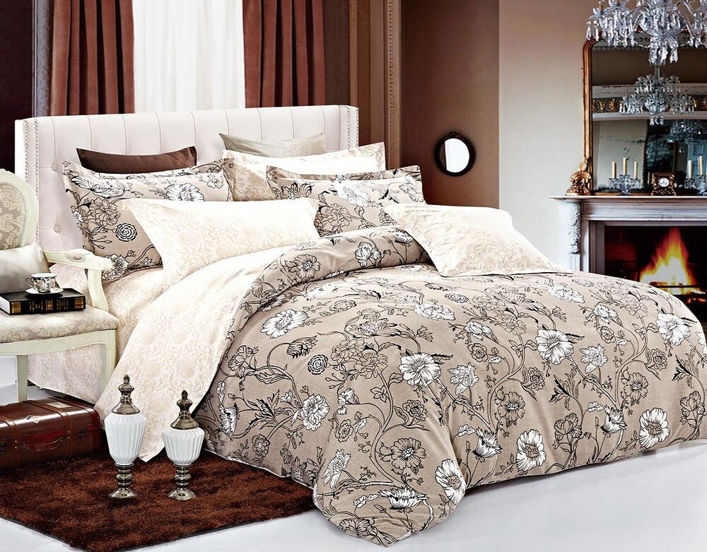 Brown Floral 3pc Bedding Set:1 Duvet Cover and 2 Pillow Shams Queen/King/Cal K