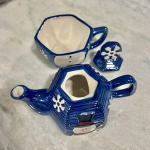 Happy Blue Snowman Tea For One Ceramic Teapot & Cup, NEW Bella Casa by Ganz - Picture 1 of 9
