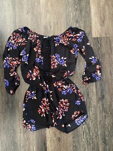 Eight Sixty: Black Floral Flowers Romper Shorts With Pockets Size XS