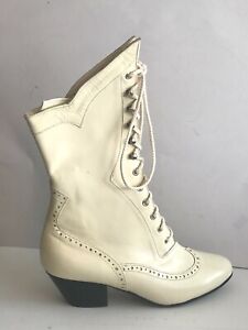 Ivory Leather Cowboy Victorian Boots, Handmade, Size 6.5