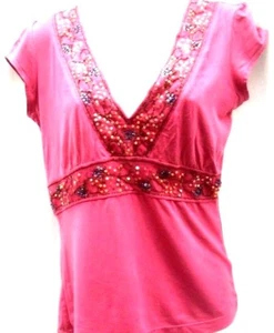  SIZE 12-14 RASPBERRY PINK,EMPIRE LINE,LACE & SEQUIN TRIM, V neck SMOCK TOP MEXX - Picture 1 of 4