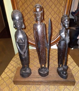 Three  Hand  Carved  African  Statues  On  Stand  -  Produced  In  East  Africa - Picture 1 of 3