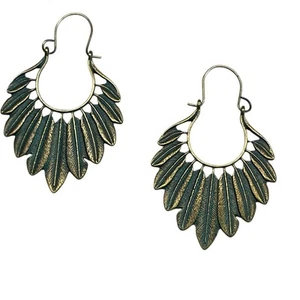 Brass Feather Patina Hoop Dangle Pierced Boho Tribal Hoop Earrings - Picture 1 of 8