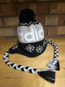 Adidas Knit Pom Earflap Beanie Wintermütze Mütze grau schwarz weiß - Bild 1 von 5