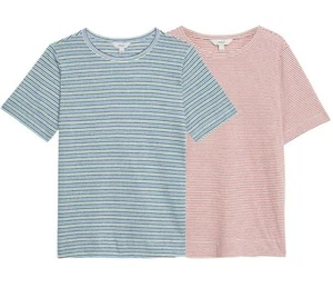 M&S T-SHIRT LADIES LINEN BLEND Striped TOP Crew Neck T-shirt Classic Summer M&S - Picture 1 of 5