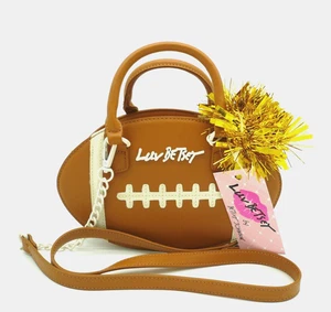 Betsey Johnson LBHIKE Brown Football Shaped Crossbody Satchel + Gold Pompoms NWT - Picture 1 of 11