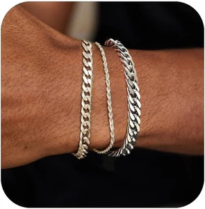 3Pz Bracciale Uomo Acciaio Inox,Regolabile Robusto Argento Catena Cubana Bracelet - Foto 1 di 12