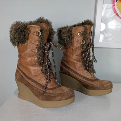 Y2K Report Lace Up Faux Fur Boots 8.5 Brown Vintage Wedge Chunky Snow - Image 1 of 4