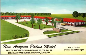 PHOENIX - ARIZONA PALMEN MOTEL AM STRASSENRAND - VINTAGE LEINEN POSTKARTE - Bild 1 von 2
