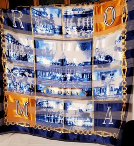 VTG Roma Italian Silk Scarf Navy Blue White and Golds 38x39" Excellent Condition - Picture 1 of 5