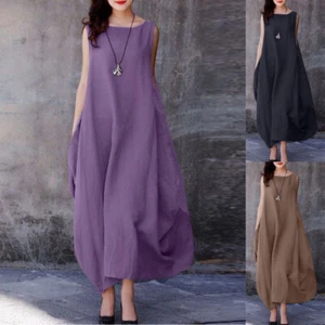 Women Summer Casual Loose Tank Sundress Sleeveless Crew Neck Long Maxi Dress US - Picture 1 of 16