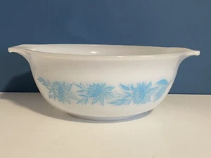 VTG GLASBAKE Mixing Bowl Aqua Blue Thistle Flower Milk Glass Cinderella Handles - Picture 1 of 18