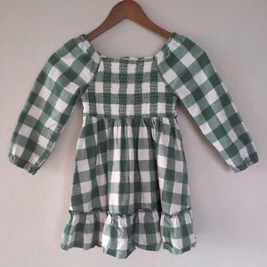 Smocked Dress Girls 6 100% Cotton Boho Ivy Green Plaid Checked Ruffle Hem - Picture 1 of 6