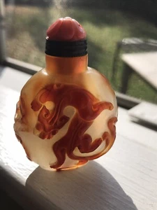 Antique Chinese Agate Snuff Bottle Carved Chilong With Natural Coral stopper 螭龙纹 - Picture 1 of 11