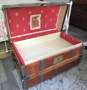 Antique Steamer trunk well made solid humpback chest restored tray & key C-1870 - Picture 1 of 18