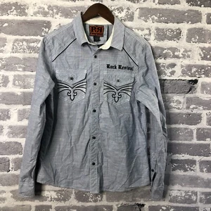 Rock Revival Shirt Men Small Blue Spell Out Logo Embroidered RR Button Western - Picture 1 of 14