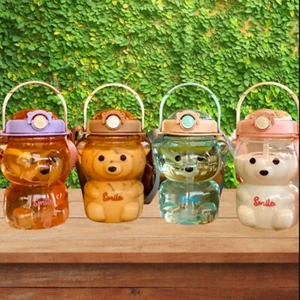 Süße Kawaii Bär Trinkflasche mit Strohhalm Kinder Cartoon Kunststoff Trinkwasser Becher - Bild 1 von 10
