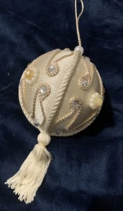 Ornate White and Champagne Color Ornament w/Tassel Cording Embellishments - Picture 1 of 3