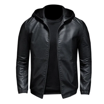 Men's PU Leather Coat Fleece Jacket Zip Up Slim Biker Motorcycle Jacket Outwear - Image 1 of 4