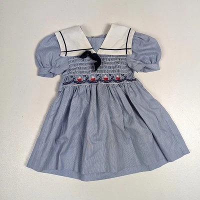Antigo Vestido Polly Flinders Meninas Tamanho 2T Listra Azul Veleiro Veleiro Smocked Anos 80 - Imagem 1 de 4
