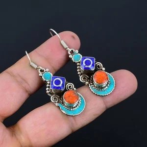Lapis Lazuli Turquoise Coral 925 Sterling Silver Tibetan Nepali Earring 2.1" R94 - Picture 1 of 9