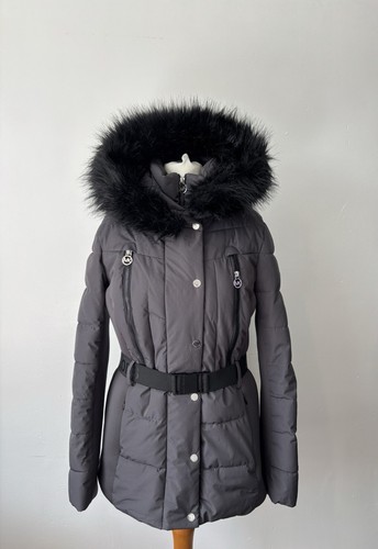 Cappotto Michael Kors grigio nero puffer pelliccia cappuccio cintura tasche taglia small 8 10