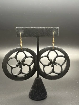Black Wooden Laser Cut Earrings Dangle Flower Boho - Image 1 of 2