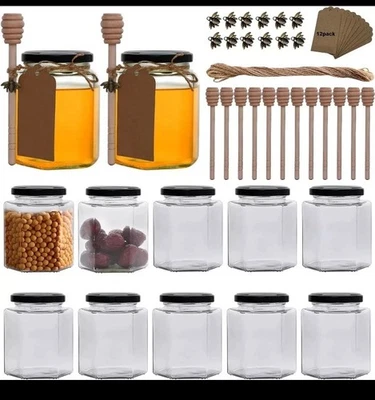 12 стеклянных шестиугольных банок и черных крышек деревянные палочки для меда / много другого использования - Изображение 1 из 4