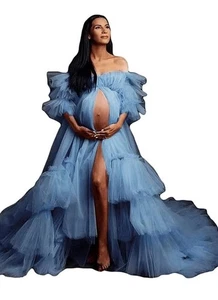 Fancy Maternity Dress Robes for Photo Shoot Ruffle Tulle Chic Prom Party Robes - Picture 1 of 10