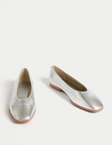 Marks & Spencer Womens Silver Leather Metallic Flat Ballerina Shoes - M&S - Picture 1 of 11