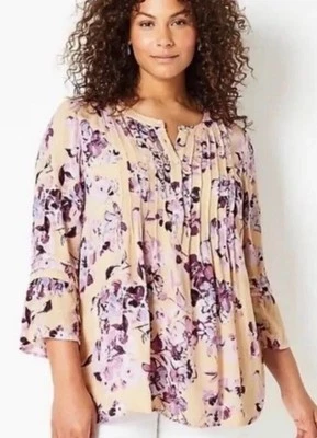 Женская блузка J. Jill с тонкими складками и рукавами-раструбами персиковый цветочный узор рукав 3/4 размер маленький - Изображение 1 из 4