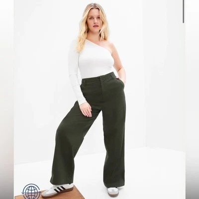 Gap Loose Khaki Pants Washwell Mistletoe Green Wide Leg 100% Cotton Mid Rise - Image 1 of 4