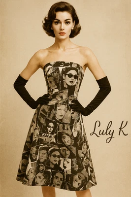 复古 Luly K 无肩带黑色白色照片印花连衣裙复古 Glam 50 年代风格 M — 第 1/4 张图片