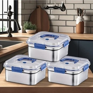 Edelstahl Frischhaltedose mit blauem Deckel 3 Stück - Bild 1 von 9