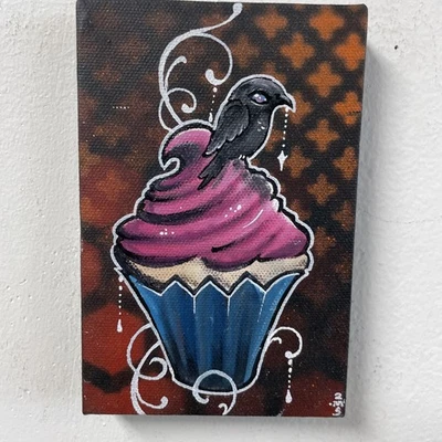 Cuervo y Cupcake Pintura Original Graffiti Arte Tatuaje Arte Forastero Foto 1 de 4