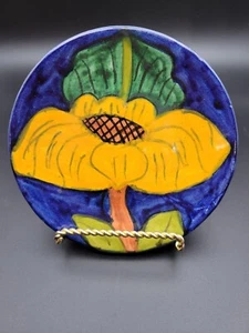 Sunflower Art Pottery Mexican Hand Painted Small Trinket Dish Plate Signed - Picture 1 of 4