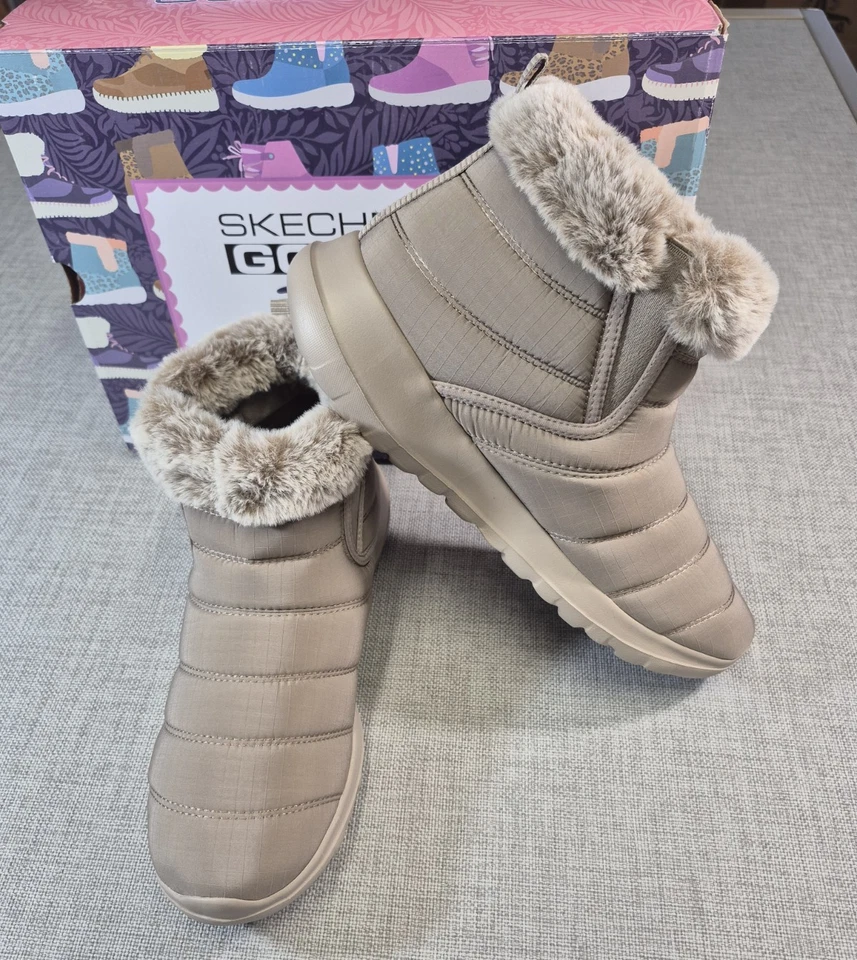 Skechers Womens Size 10 Boots Go Walk Air Cooled Goga Mat Taupe Walking Faux Fur