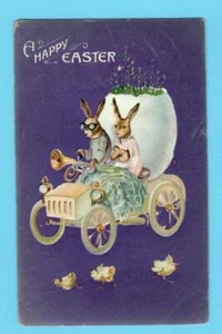 OSTERHASE AUTO UND EI VINTAGE GEPRÄGTE POSTKARTE 795 - Bild 1 von 2