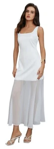 NWT Commense White Sleeveless Satin Maxi Dress W/ Sheer Skirt Size Medium - Picture 1 of 9